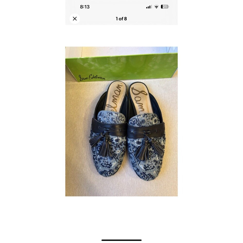 Sam Edelman Leather Paris Jacquard Blue Floral  Mules Size 8.5 - Picture 2 of 8